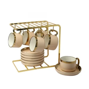 Porcelain Mug and Saucer Set with Golden Stand
