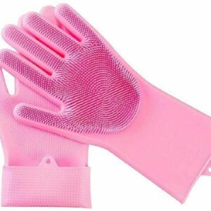 Silicone Dishwashing Gloves, Pair of Rubber Scrubbing Gloves for Dishes, Wash Cleaning Gloves with Sponge Scrubbers for Washing Kitchen, Bathroom, Car